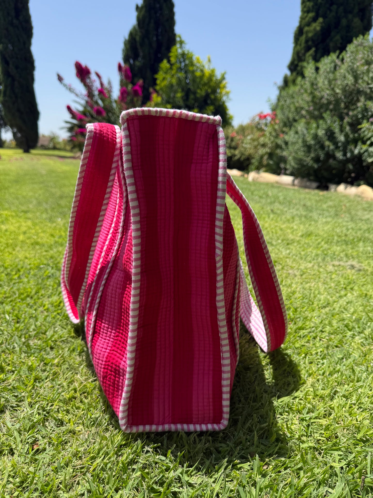 Bolso rayas rojo y rosa