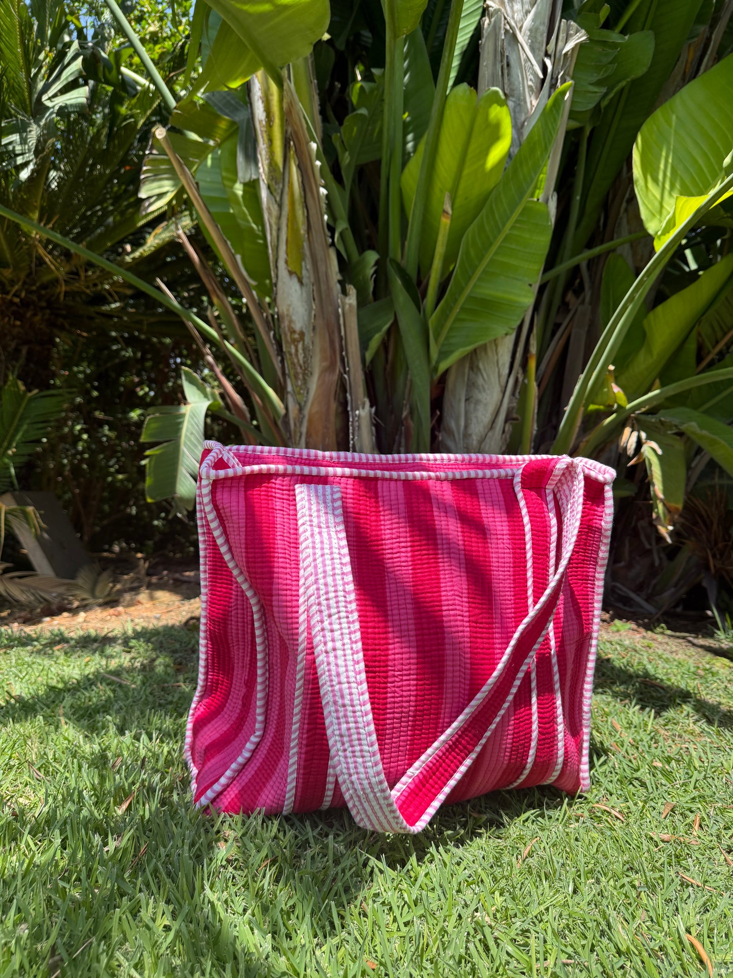 Bolso rayas rojo y rosa