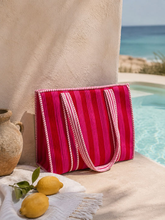 Bolso rayas rojo y rosa